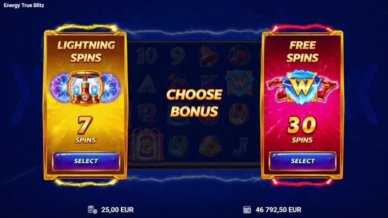 Energy True Blitz - Auswahl der Lightning Spins-Option
